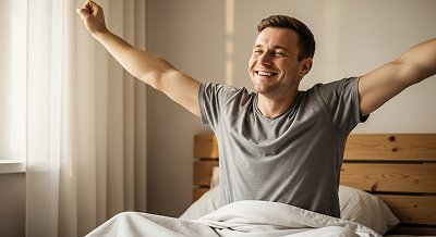 Мужчина потягивается сидя в кровати